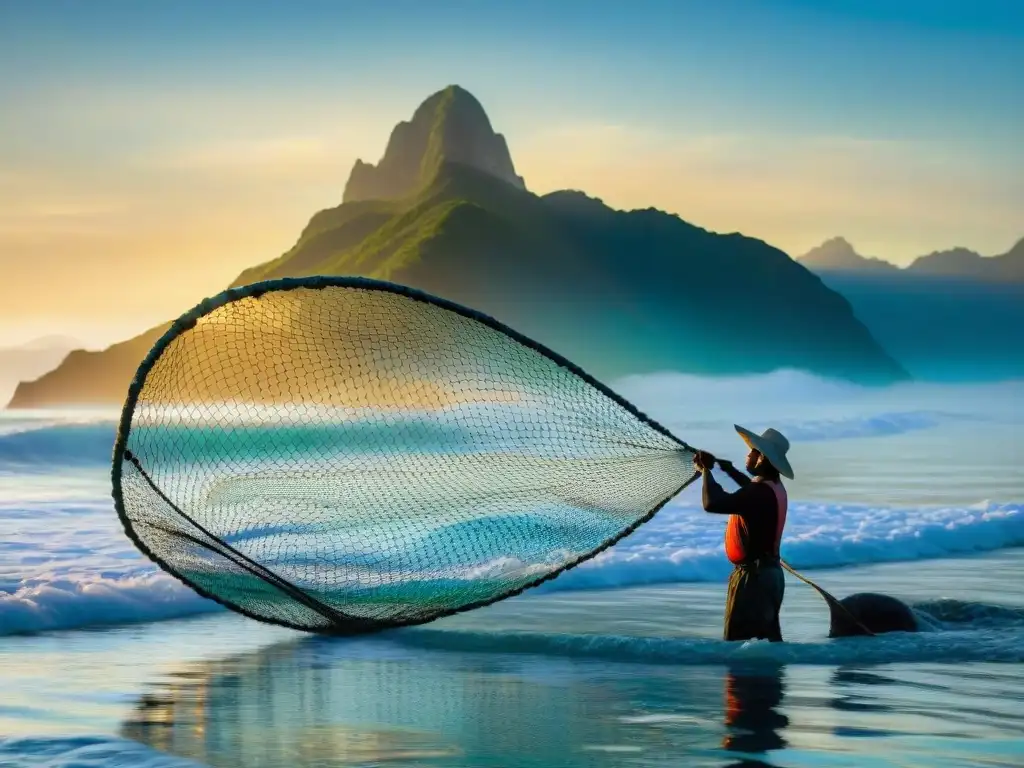 Pescador de Guadalupe lanzando red al mar al amanecer, reflejando frescura y tradición en la pesca