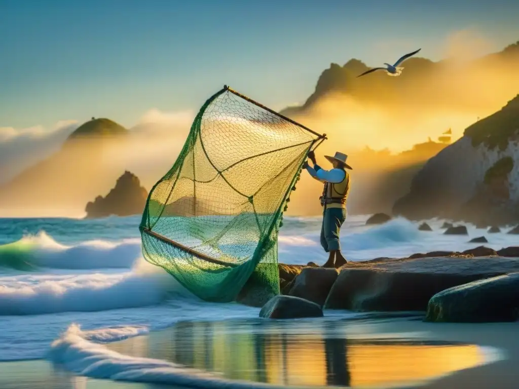 Pescador de Guadalupe lanzando su red al amanecer en el Pacífico