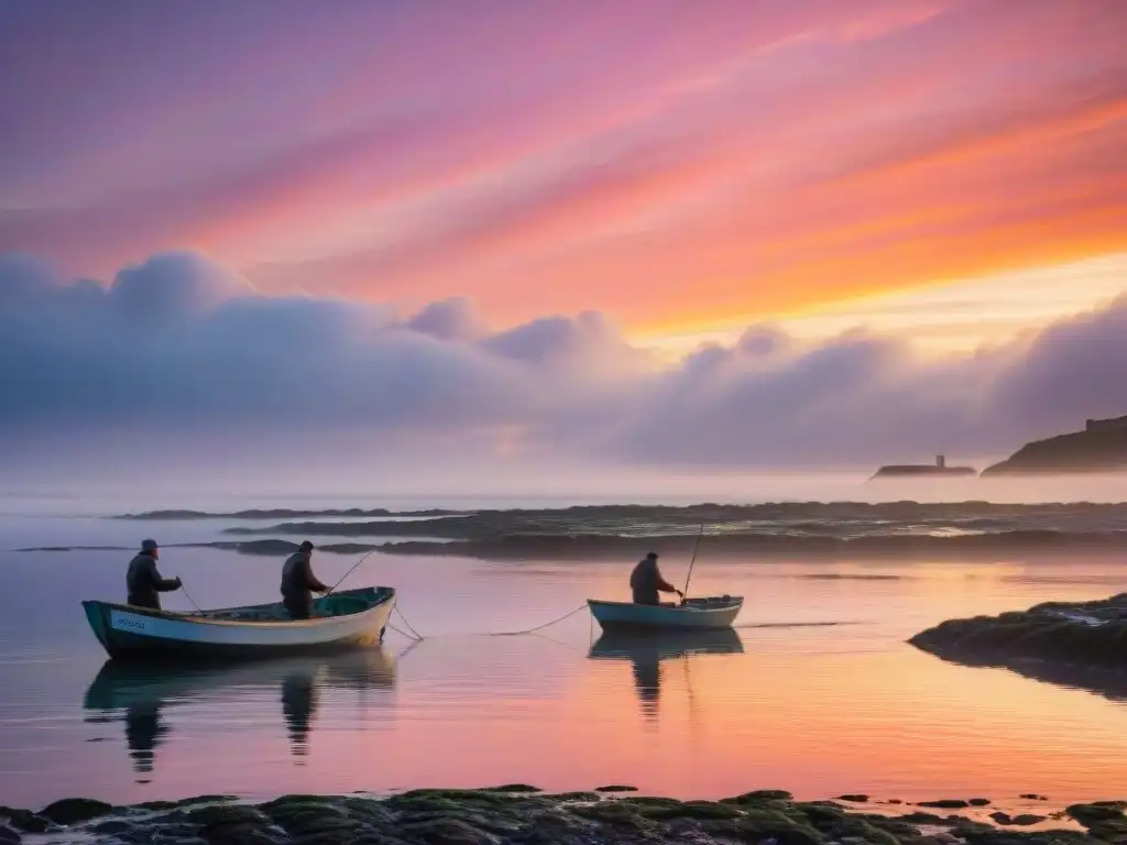 Pescadores bretones recogiendo redes al amanecer en el mar tranquilo, reflejos de un cielo naranja y rosa