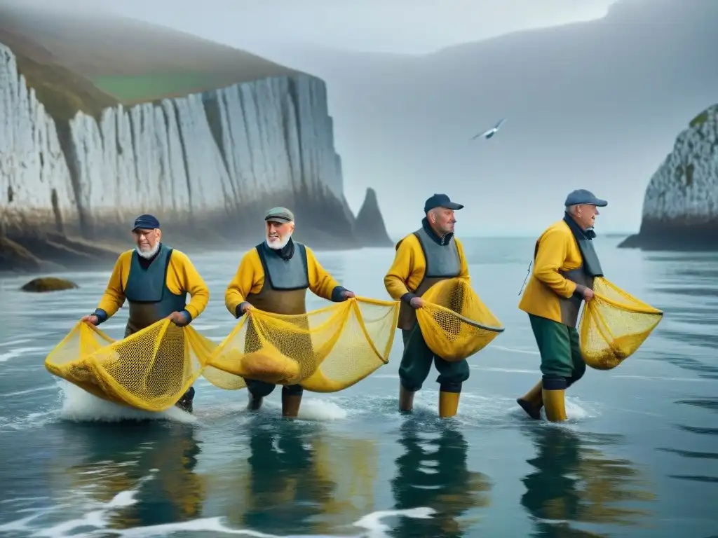 Pescadores bretones en acción, reflejando la tradición culinaria de la pesca en Bretaña