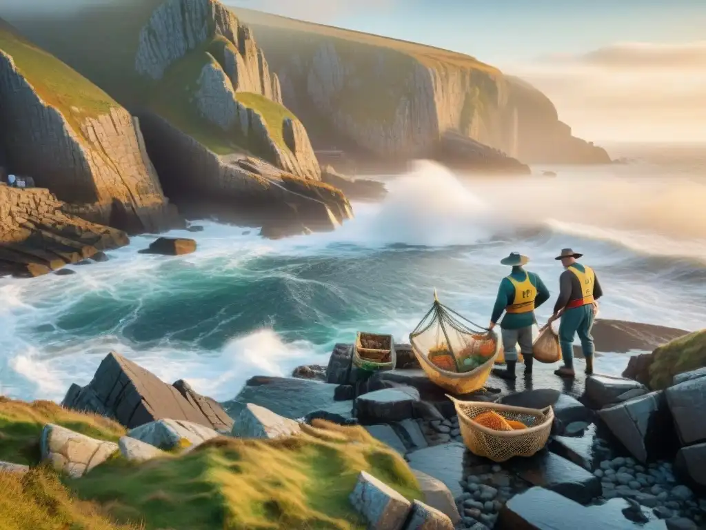 Pescadores en Bretaña tradición culinaria: hombres en atuendo tradicional, recogen red con variedad de peces al amanecer en la costa rocosa