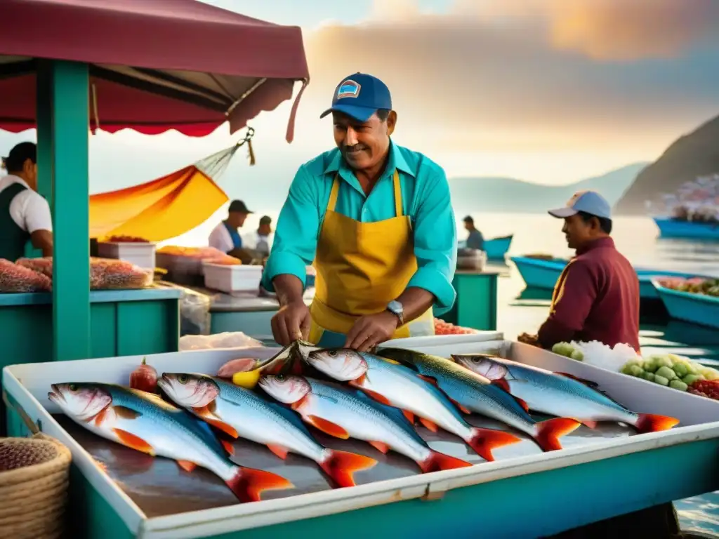 Pescados Guadalupe frescura tradición: Mercado bullicioso al amanecer, pescados frescos en mostradores con pescadores y vendedores locales