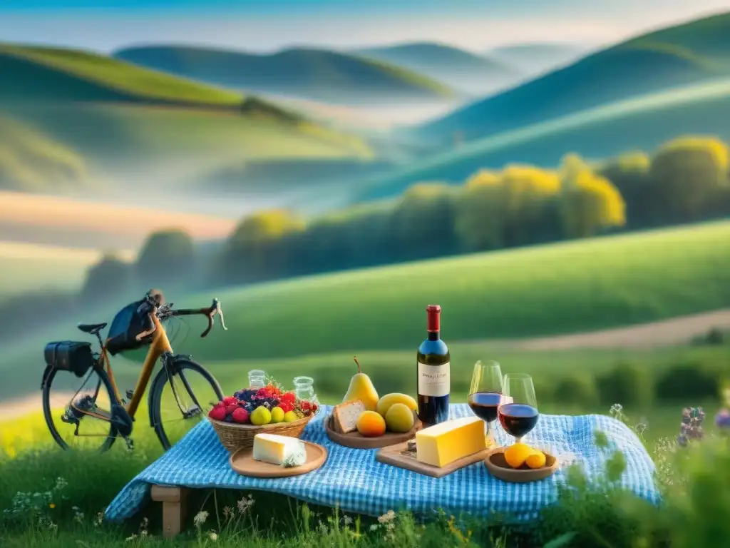 Un picnic en bicicleta por Francia: ciclistas disfrutan de un delicioso almuerzo en un prado verde, rodeados de colinas y flores silvestres