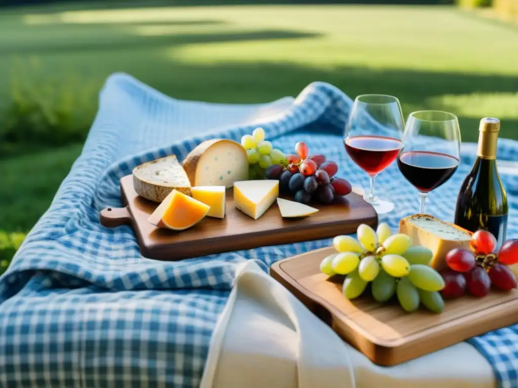 Un picnic francés en los jardines de un castillo del Valle del Loira con quesos, baguettes, vinos y frutas