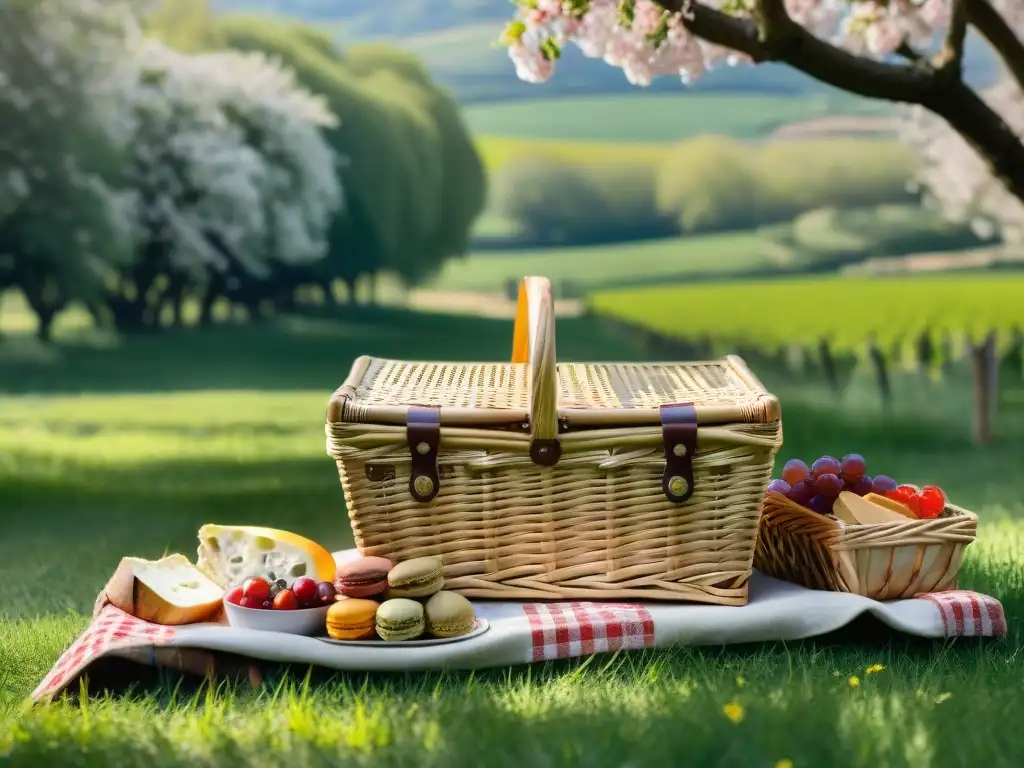 Un picnic perfecto en bicicleta por Francia: cesta de mimbre rebosante de delicias, bajo un cerezo en flor