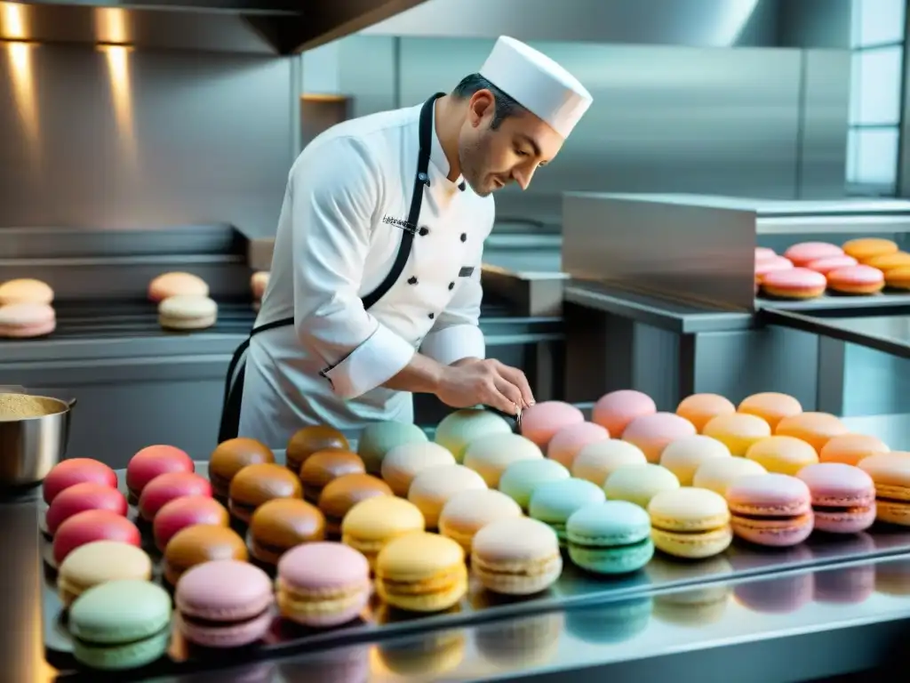 Pierre Hermé pastelería francesa innovadora: Maestro creando un macaron vibrante y detallado en su cocina parisina llena de actividad y precisión