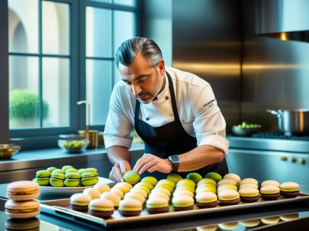 Pierre Hermé pastelería francesa innovadora elaborando un exquisito macaron en su cocina parisina, rodeado de ingredientes exóticos