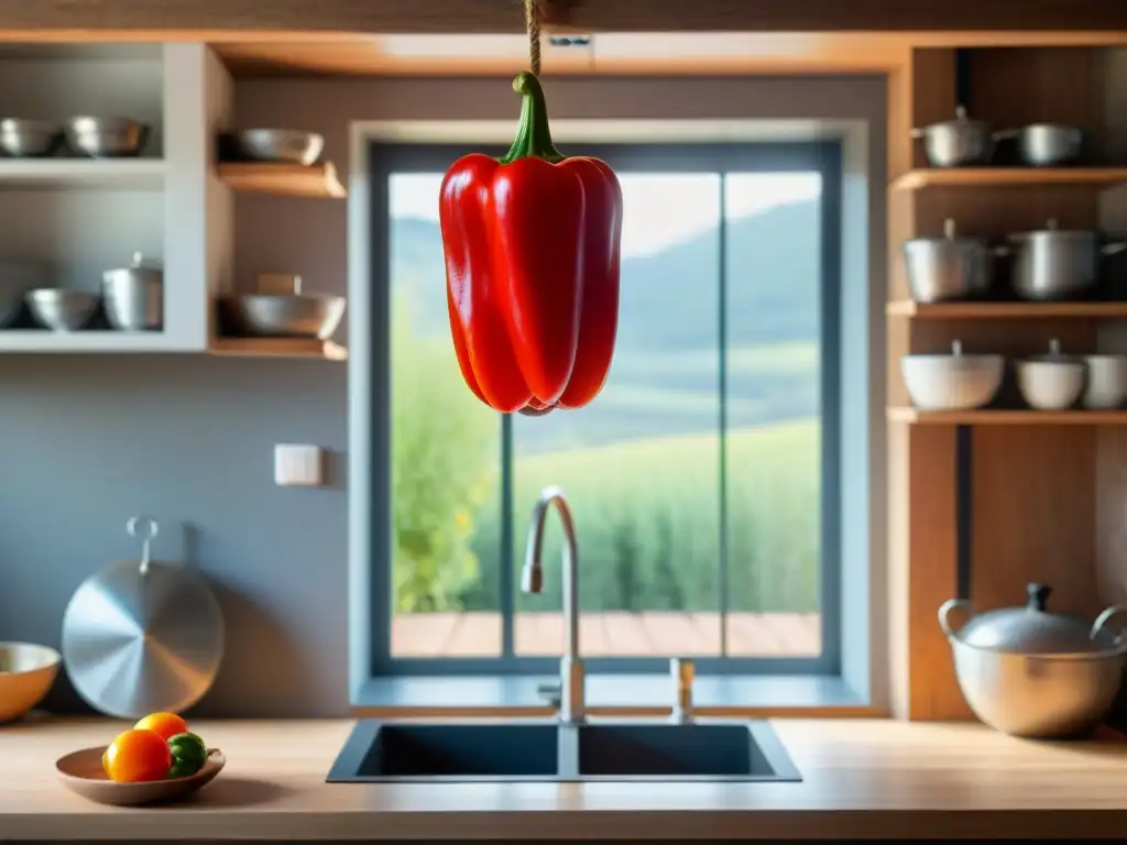 Una pimienta de Espelette roja vibrante colgando en una cocina vasca tradicional, evocando recetas tradicionales