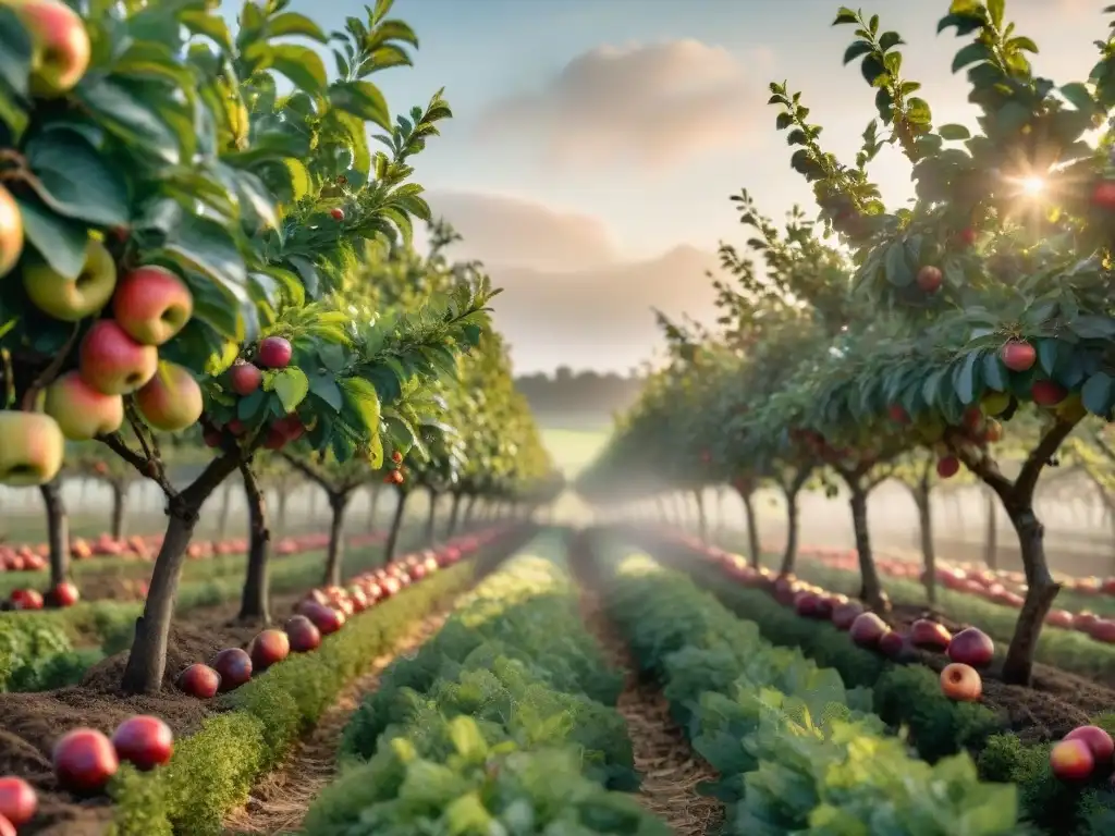 Una pintoresca plantación de sidra en Normandía con árboles frutales cargados de manzanas, granja rústica y campesino recolectando