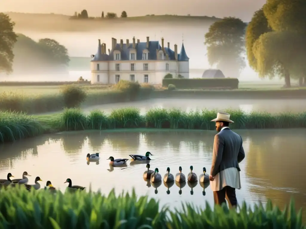 Pintoresco campo francés con patos y granja, reflejando la controversia de foie gras origen y controversia