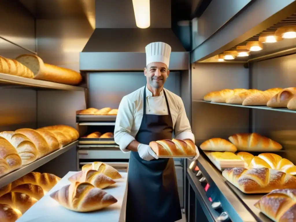 Un pintoresco horno de panadería francesa con un panadero experto y productos horneados