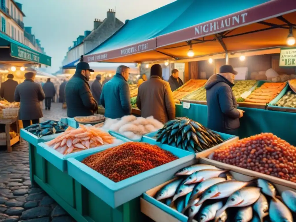 Pintoresco mercado de mariscos francés con pescado fresco y bulliciosos vendedores