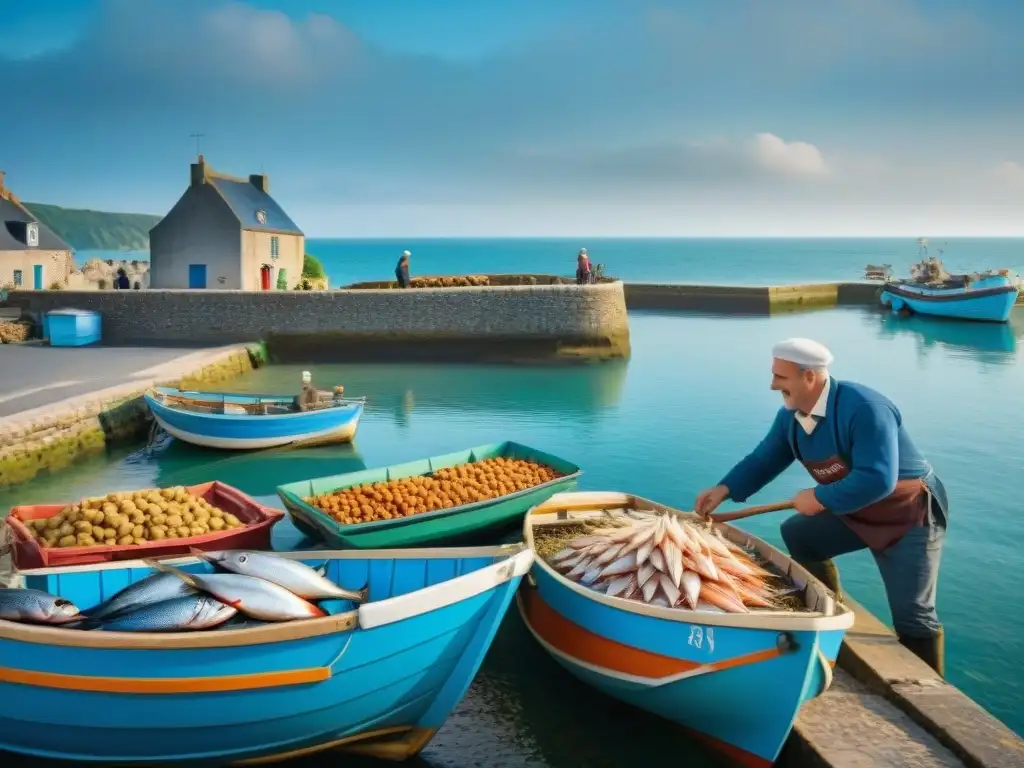 Pintoresco mercado de pescado en Bretaña, Francia, donde pescadores descargan su pesca fresca mientras chefs locales seleccionan mariscos