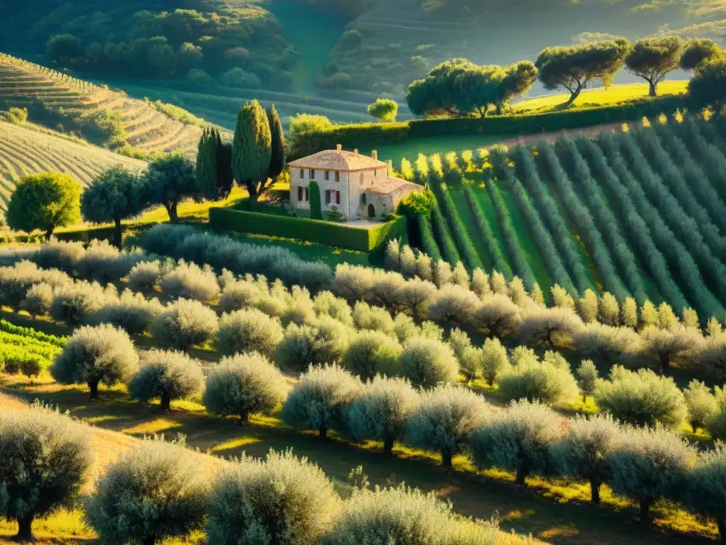 Un pintoresco olivar francés al atardecer con olivos, aceitunas y una casa de campo, ideal para aceites de oliva franceses gourmet