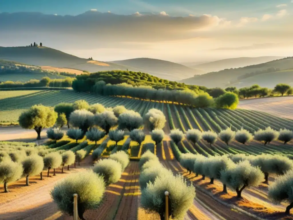 Un pintoresco olivar en el sur de Francia al atardecer dorado, con aceites de oliva franceses gourmet