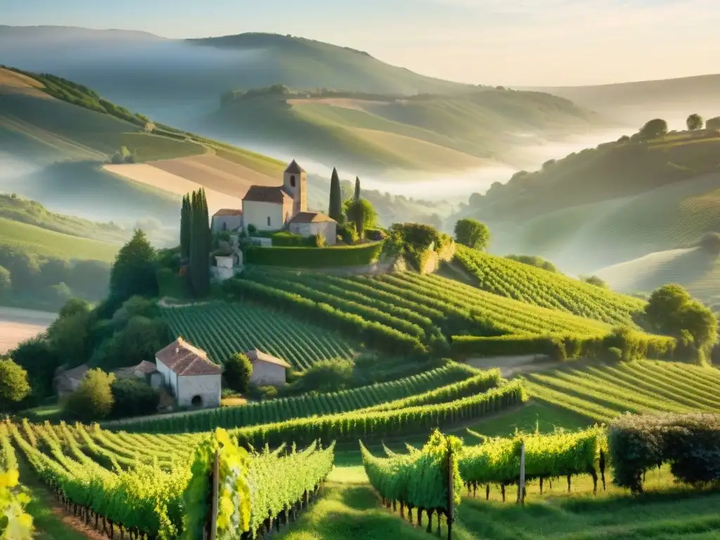 Pintoresco paisaje de agroturismo sostenible en Francia: viñedos verdes al amanecer con aldeas y bodegas rústicas entre la neblina matutina