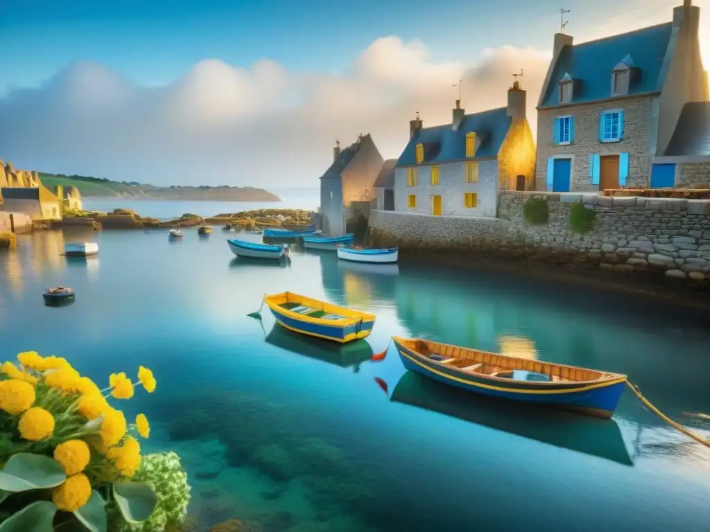 Pintoresco pueblo pesquero en Bretaña, Francia, con barcos coloridos y pescadores descargando mariscos frescos