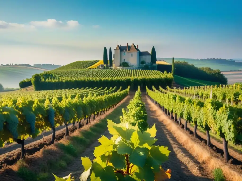 Un pintoresco viñedo en la campiña francesa con vendimiadores y un château al fondo