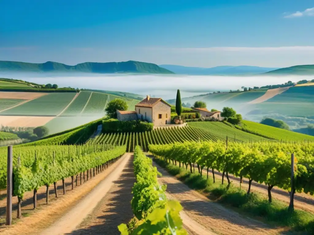 Un pintoresco viñedo en el campo francés con hileras de uvas verdes bajo un cielo azul