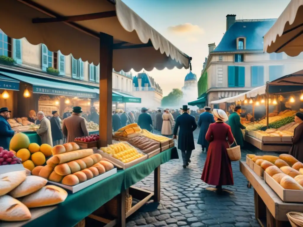 Pintura detallada de un bullicioso mercado francés del siglo XVIII con vendedores y aristócratas, capturando la influencia de la Revolución Francesa