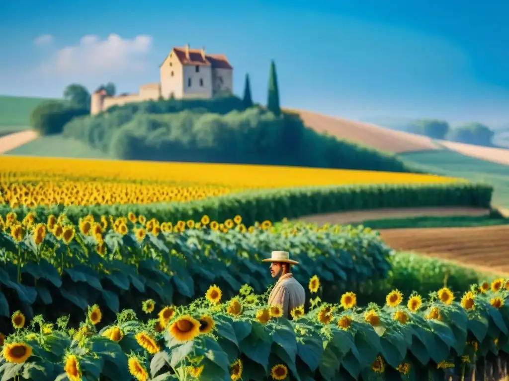 Pintura detallada de la herencia agrícola francesa sostenible: colinas verdes, viñedos y granjas entre girasoles y un château histórico al fondo