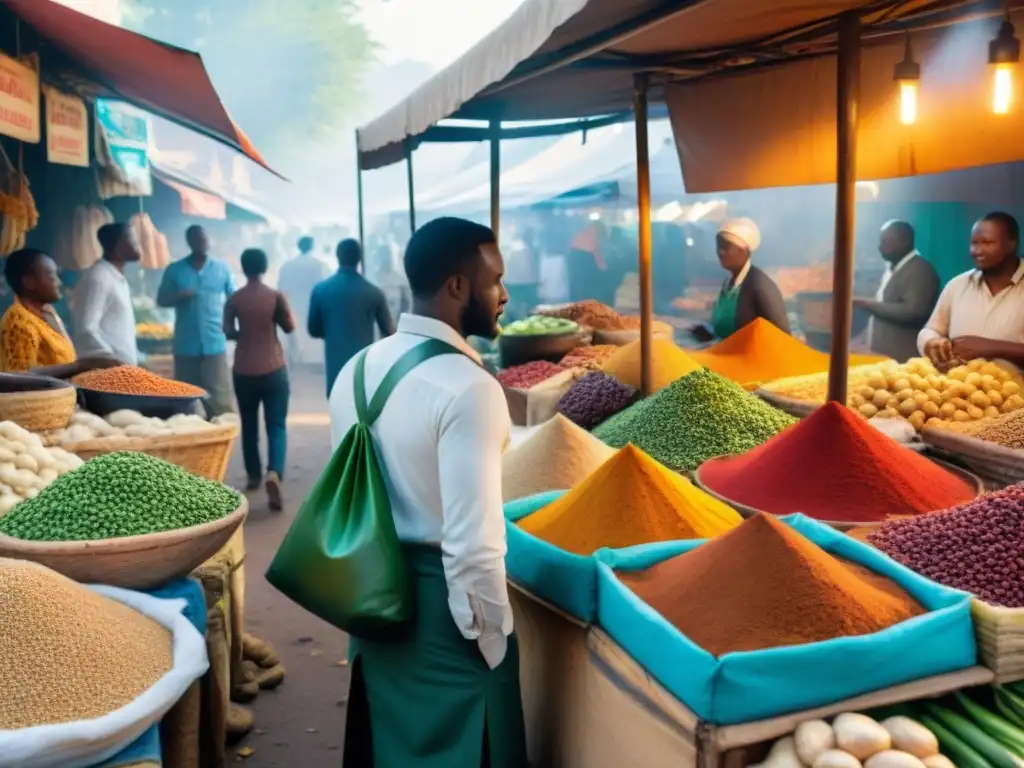 Pintura detallada de mercado africano con influencia en cocina francesa colonial