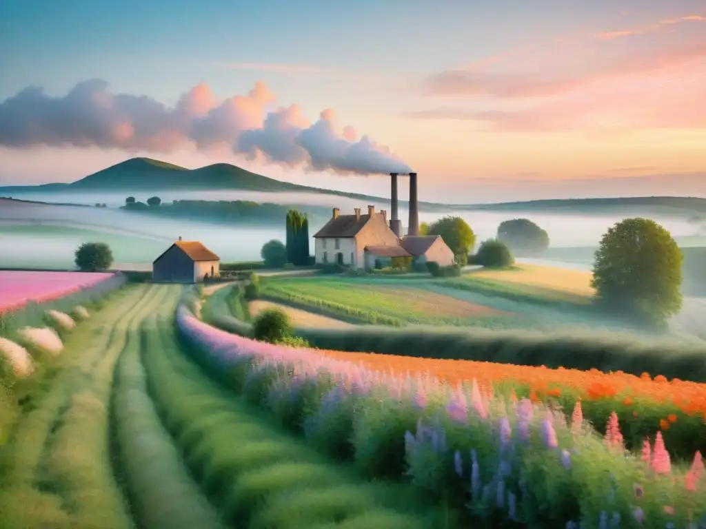 Pintura impresionista: amanecer sereno en la campiña francesa con granja y paisaje colorido