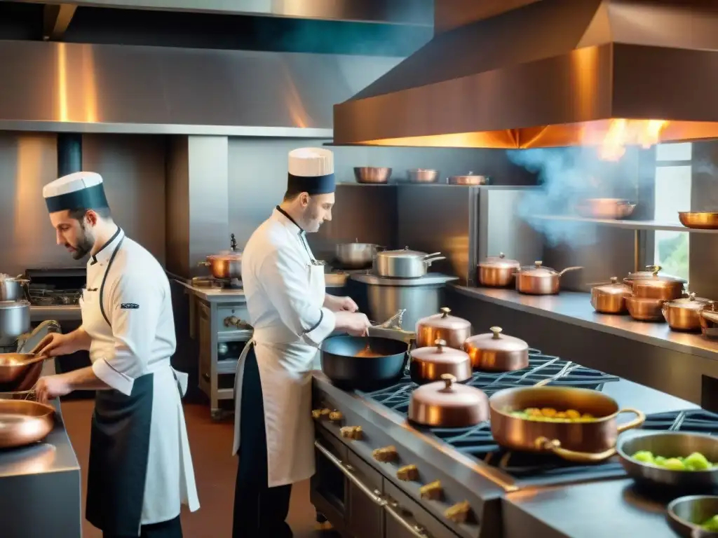 Pioneros franceses alta cocina siglo XIX: Cocina llena de chefs preparando platos sofisticados en restaurante de lujo