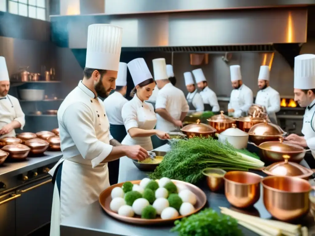 Pioneros franceses alta cocina siglo XIX en bulliciosa cocina llena de chefs preparando platos elaborados con precisión