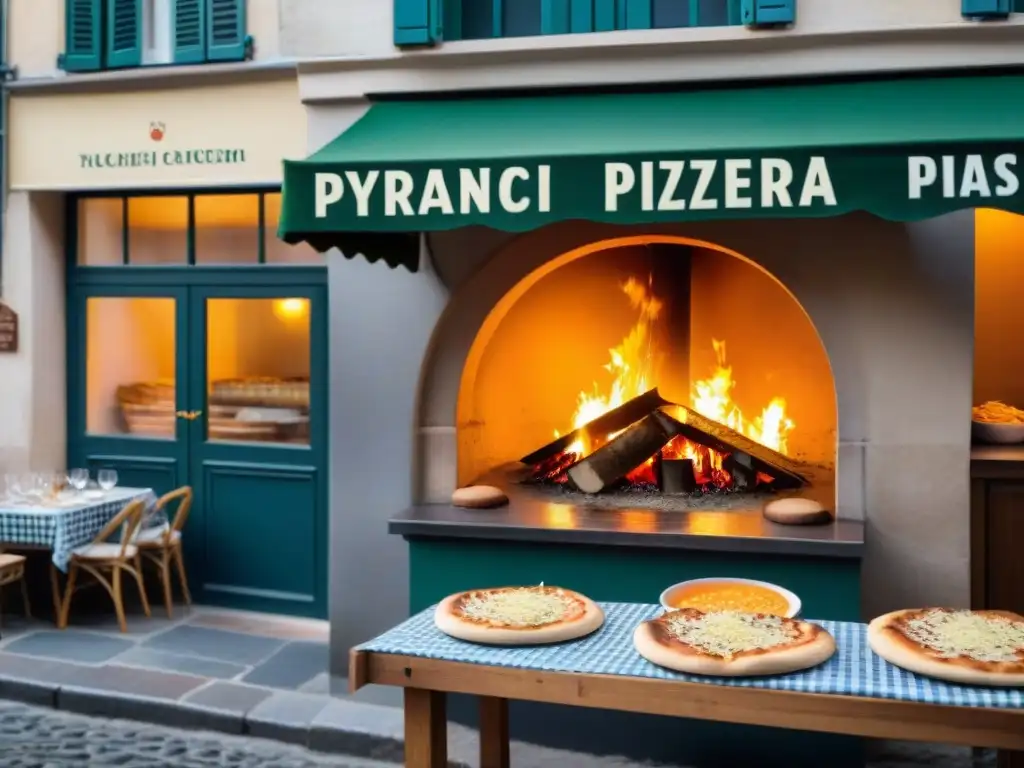 Un pizzaiolo experto en una bulliciosa pizzería francesa, con mesas al aire libre y horno tradicional, en una calle empedrada de París