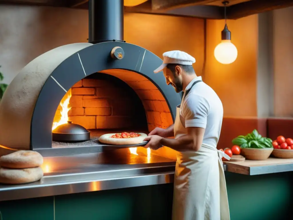 Un pizzaiolo francés experto en un horno de leña tradicional, creando una deliciosa pizza francesa con ingredientes frescos