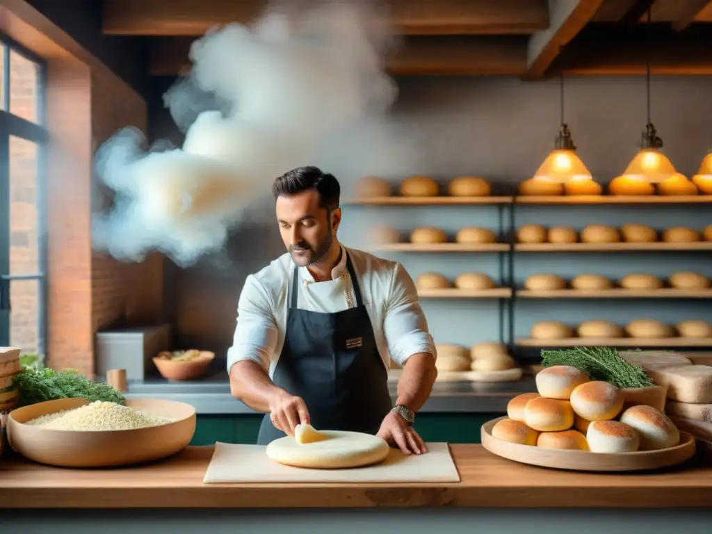 Un pizzaiolo francés experto en una pizzería rústica, lanzando masa con pasión, resaltando la influencia histórica de la pizza francesa