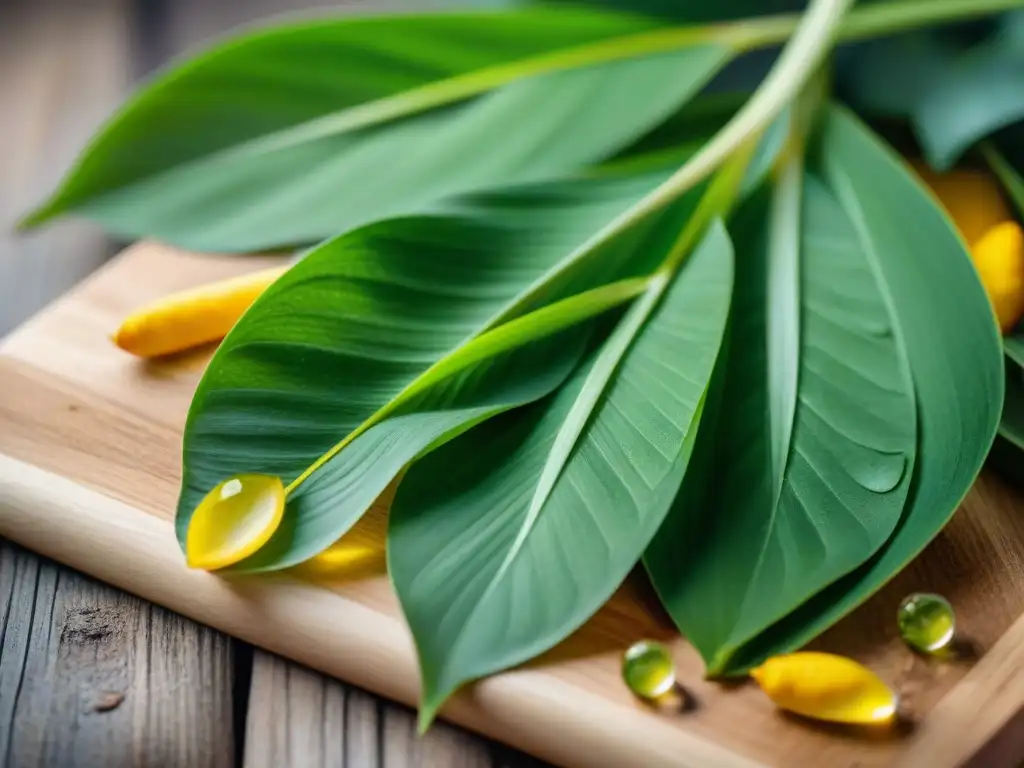 Plantas medicinales de cocina de Martinica: hojas frescas de jengibre, cúrcuma y hierba de limón en tabla rústica con gotas de agua