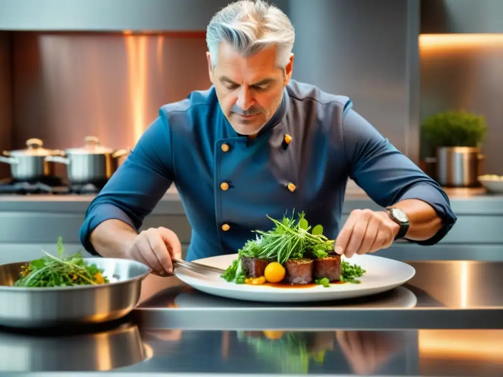 Éric Ripert preparando un plato de cocina francesa tradicional innovadora en una cocina contemporánea y elegante