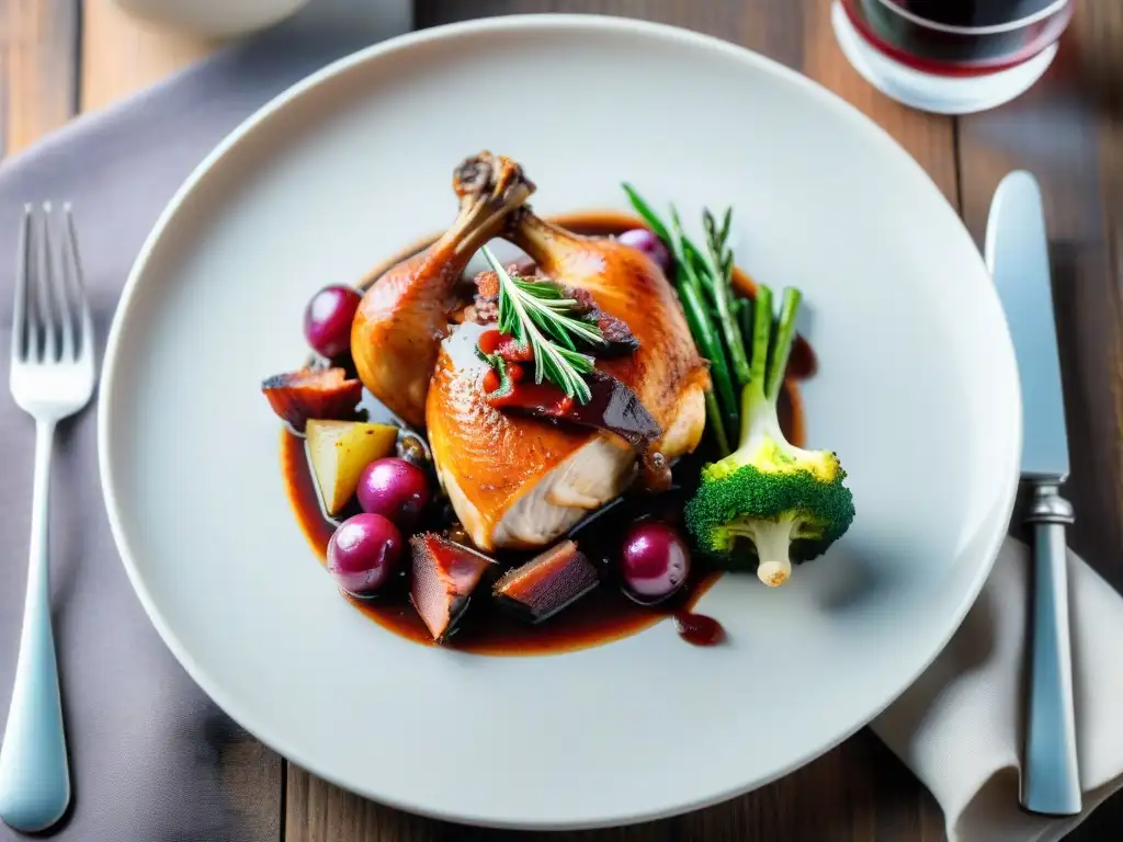 Plato de Coq au Vin con presentación atractiva platos gastronomía francesa