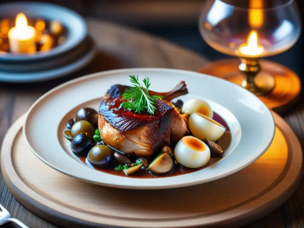 Plato de Coq au Vin en un bistró escondido de Lille, con pollo en salsa de vino tinto, cebollitas y champiñones, en ambiente íntimo