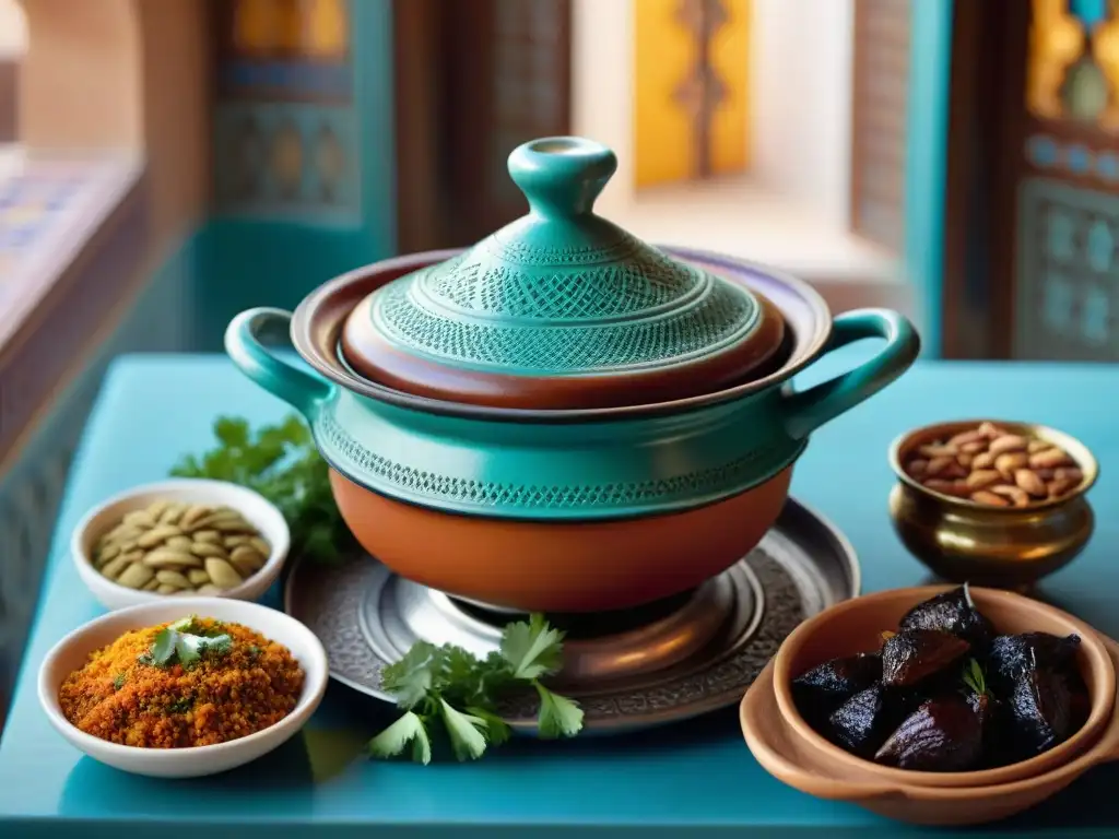 Plato árabe de cordero con ciruelas y almendras en tagine marroquí sobre mesa de mosaico