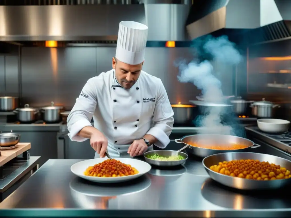 Hélène Darroze preparando plato francés en su cocina estrella Michelin, reflejando su pasión y dedicación por la gastronomía francesa