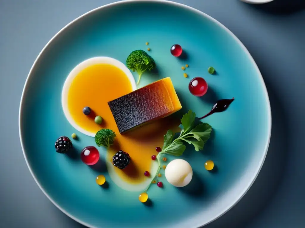 Un plato francés innovador que fusiona la gastronomía con arte culinario, resaltando colores y técnicas de presentación