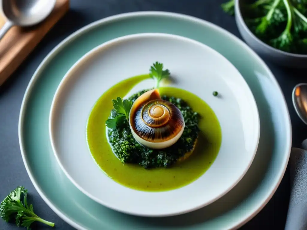 Un plato francés minimalista premiado: un escargot sobre salsa de perejil, decorado con tomillo y pimienta negra en una cocina elegante