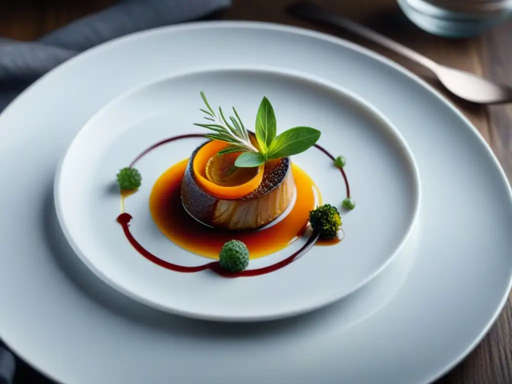 Un plato francés minimalista premiado, con colores vibrantes y detalles intrincados, presentado de forma elegante en un plato blanco