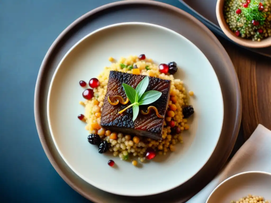 Plato fusionado con influencia gastronomía árabe en Francia: couscous, ratatouille, cordero, balsámico y granada en mercado francésárabe