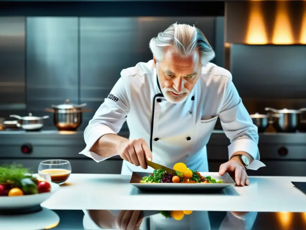 Chef Pierre Gagnaire prepara un plato innovador en su cocina moderna francesa, rodeado de un equipo enfocado y preciso