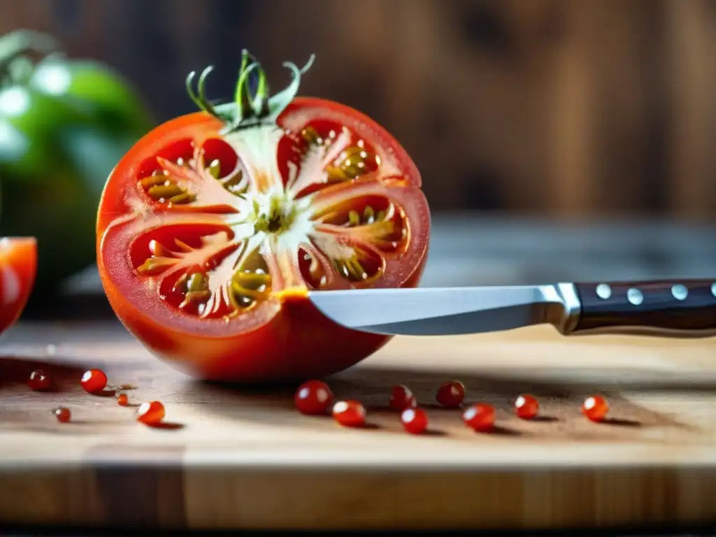 Transforma tu plato con pequeños cambios de color: tomate rojo siendo cortado en tabla de madera