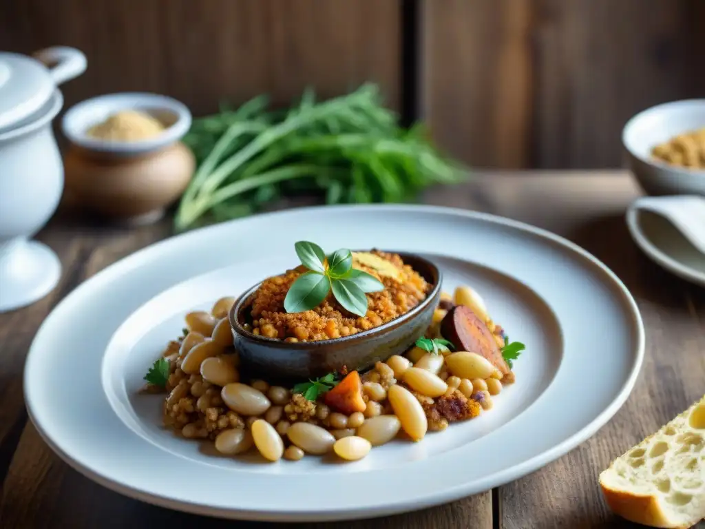 Un plato de cassoulet bellamente presentado, con una mezcla rica de ingredientes, en un escenario campestre francés