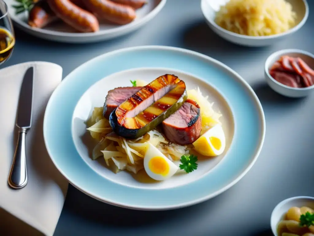 Plato de choucroute garnie alsaciano tradicional con salchichas, jamón y cerdo, en elegante vajilla blanca