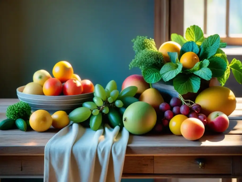 Decoración de platos gastronomía francesa: Mesa veraniega vibrante con frutas, verduras y flores coloridas y frescas