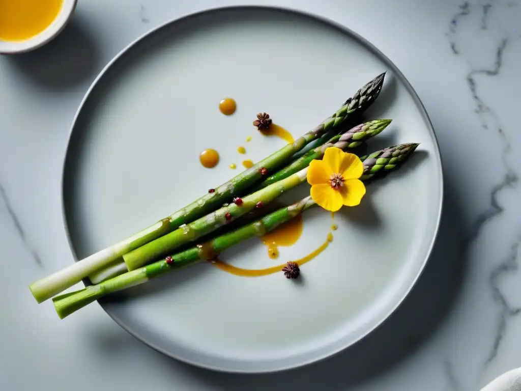 Platos franceses minimalistas premiados: delicado espárrago verde con salsa dorada en elegante cocina moderna