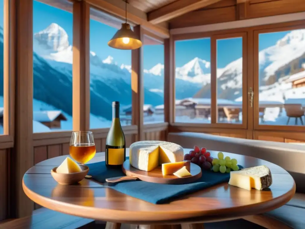 Platos típicos Alpes franceses: Mesa rústica con quesos, embutidos y vinos, frente a chalet de madera en la nieve