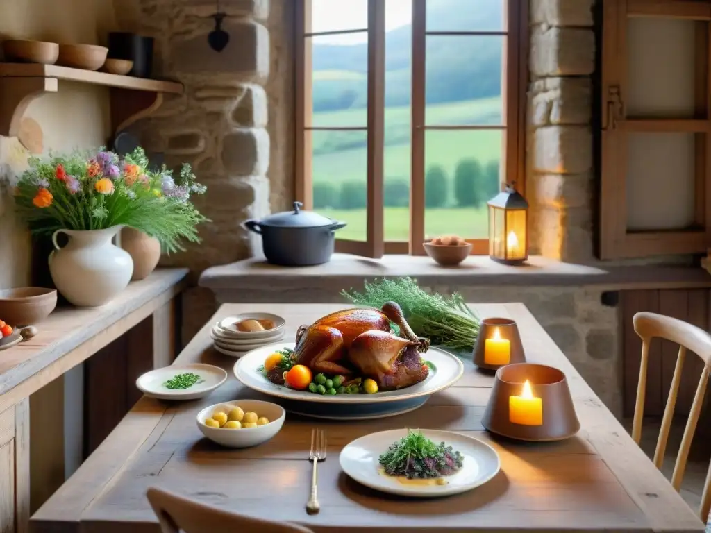 Platos típicos de la gastronomía francesa en cocina rústica de campo